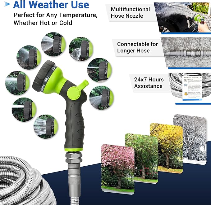 25 FT Stainless Steel Garden Hose – Lightweight No-Kink Metal Water Hose, 304 Steel, Flexible & Easy to Coil, Leak-Proof Swivel Fittings, 8-Mode Nozzle for Patio, Balcony, RV, Small Gardens
