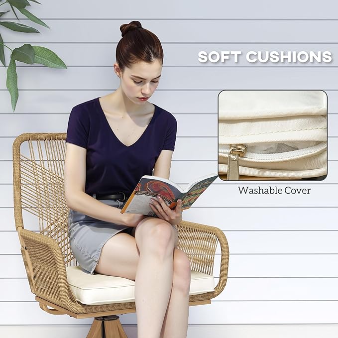 Outsunny Swivel Patio Chairs Set of 2, Rattan Outdoor Patio Dining Chairs with Soft Cushions and Metal Frame for Backyard, Lawn, Porch, or Garden, Khaki