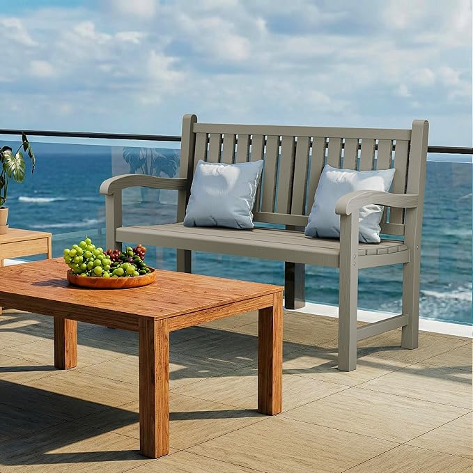 ROJIK Outdoor Bench Resin Patio Chairs Waterproof 2-Person Slatted Chairs with Sturdy Frame, Comfortable Seating for Garden Backyard Porch and Park(Brown)