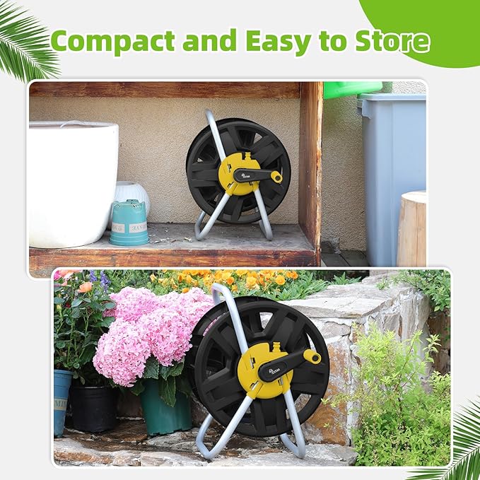 Water Hose Reel Cart, Holds 60-80 Ft of 5/8 Inch Hose, Yellow Wall Mounted Garden Hose Cart, Portable Hose Reel for Convenient Storage and Watering