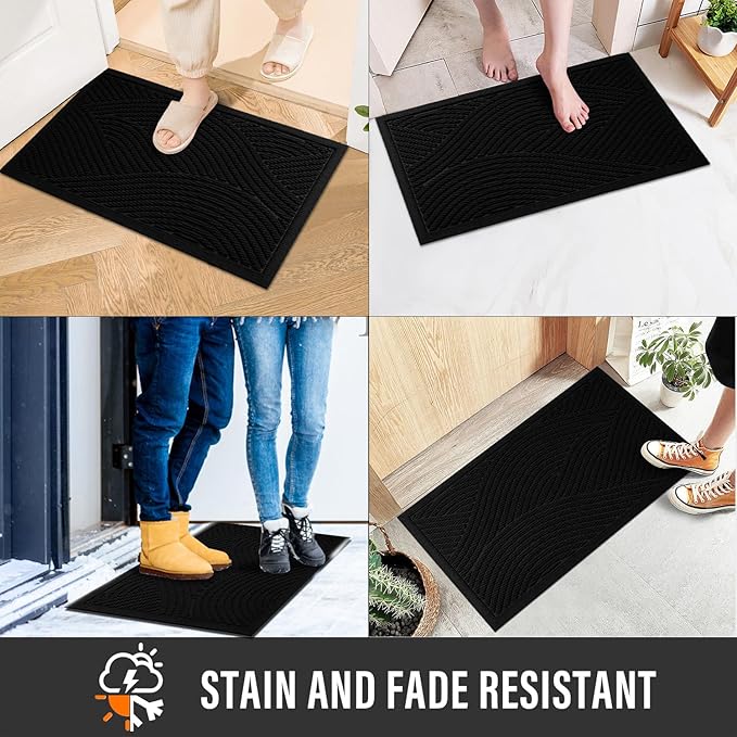 Sturdy Front Door Mat, Absorbent Muddy Dirt Resist Welcome Door Mats Outdoor Indoor, Stain and Fade Resistant, Non-Slip Backing Entry Mat Low Profile Doormat for Entryway, 29×17, Black