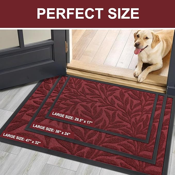 Smiry Front Door Mat Indoor Outdoor Entrance, Heavy Duty Natural Rubber, Trap Dirt and Moisture, Non-Slip Doormats, Low Profile, Easy Clean Patio Porch Entryway Mat, 29.5x17, Wine Red