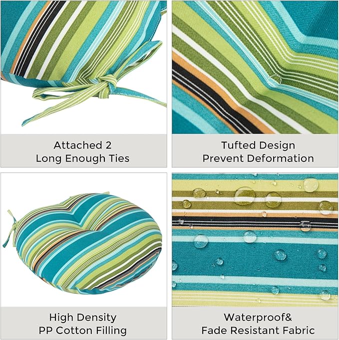 Bistro Chair Cushions 15 inch,Set of 2,Tufted Round Chair Cushions with Ties,15"x15"x4",Water Resistant Round Seat Cushion for Barstool Chairs,Patio Garden Kitchen Outdoor Furniture(Green Stripe)