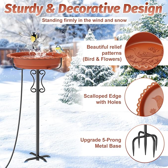 Heated Bird Baths for Outdoors Winter,100W Heated Bird Bath Bowl for Outside Thermostatically Controlled Water Heated Birdbath with Metal 5-Prong Base for Garden Patio Yard (Brown)