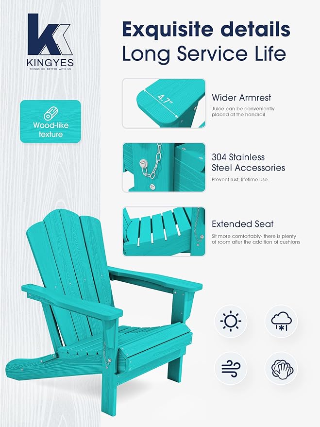 KINGYES Folding Adirondack Chair Set of 2, HDPE All-Weather Folding Adirondack Chair, Aruba