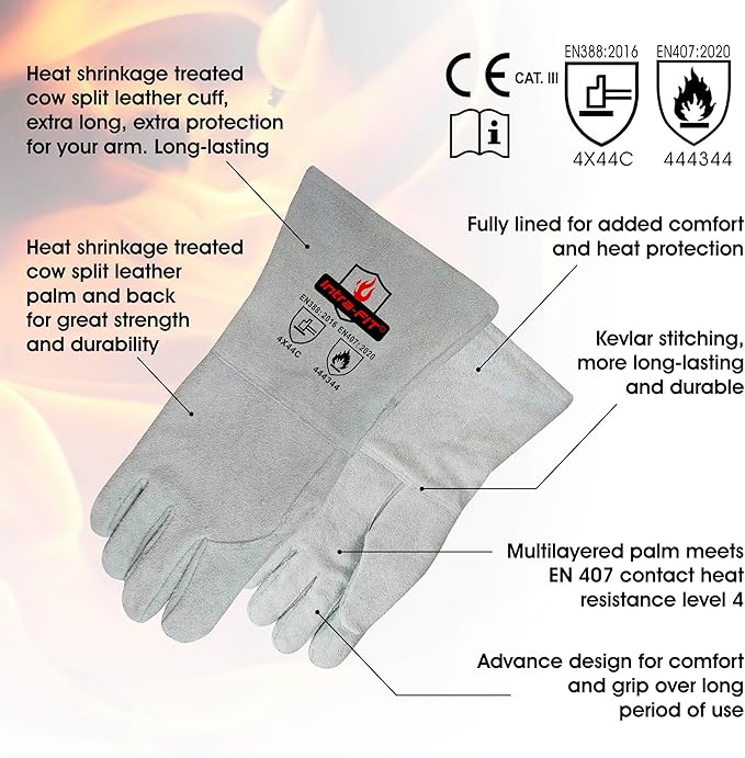 932℉/500°C Heat Resistant gloves, Fire Proof Foundry Leather Gloves for Fireplace, Furnace, Fire Pit, Blacksmith...