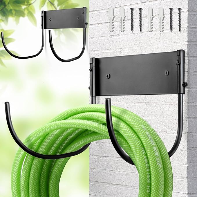 Heavy Duty Wall-Mount Hose Holder: Foldable Rustproof Outdoor Water Hose Hanger 150ft for Garden/Yard/Fence/Patio with 120LB Capacity - 2 Pack