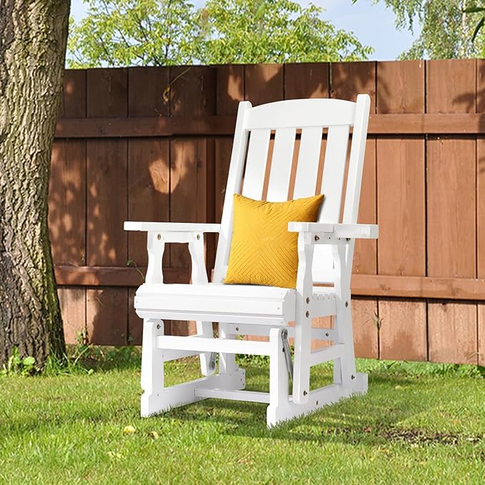 VINGLI Outdoor Glider Chair Wood Patio Glider with Cup Holder, Porch Glider with Smooth Rocking Mechanism, Heavy Duty 600 LBS, White