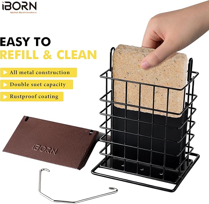 iBorn Suet Feeder for Outside Hanging,Suet Bird Feeders for Outdoors,Suet Holder With Squirrel Proof Hanger Hook,Suet Cage Bird Feeder,Woodpecker Feeder,Weatherproof Metal Roof,All Metal,1 Pack,Coffee