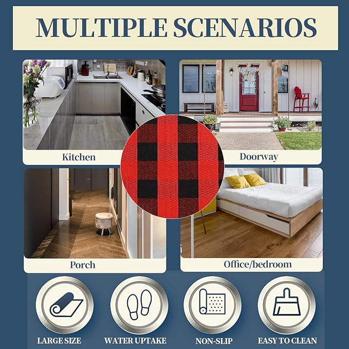 SEEKSEE Cotton Buffalo Plaid Rug 3'x5' Black and Red Checked Rug Washable Doormats Indoor Outdoor Rugs for Layered Front Door Mats, Porch, Kitchen, Farmhouse, Entryway