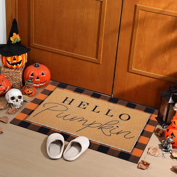 Tinideya 2 Pcs Fall Door Mat Thanksgiving Hello Pumpkin Welcome Non Slip Coir Mats Black Orange Buffalo Plaid Floor Layering Doormats Seasonal for Front Porch Entryway Decor(Black Orange)
