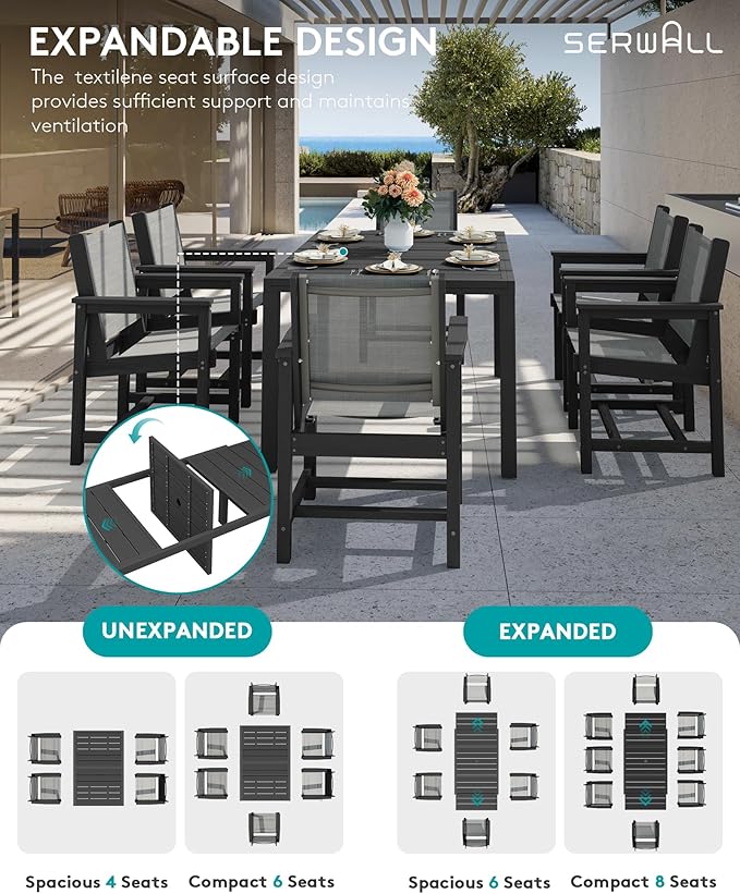 SERWALL 5-Piece Outdoor Table and Chairs, 60" - 83" Expandable Outdoor Dining Table with 4 Breathable Textilene Chairs, All Weather HDPE Patio Furniture Set for Backyard, Garden, Black