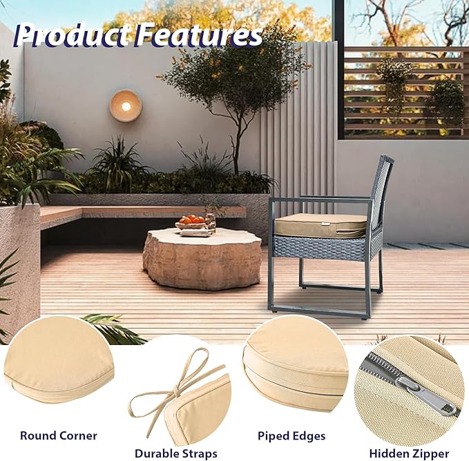 Outdoor Chair Cushions Set of 4 -Waterproof Outdoor Seat Cushions for Patio Furniture, Patio Chair Cushion with Handle and Ties, Round Out Door Chair Pads,19" x 19" x 3", Beige
