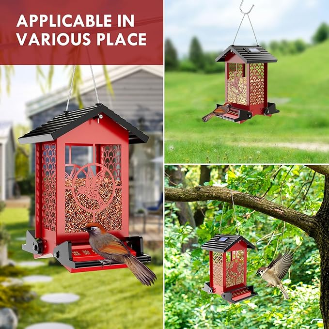 Squirrel Proof Bird Feeder for Outdoors Hanging with Solar Light, 5LB Capacity Metal Feeders, Bilateral Weight Activated Perches, Four Sided Hollow, Ideal for Bird Lovers
