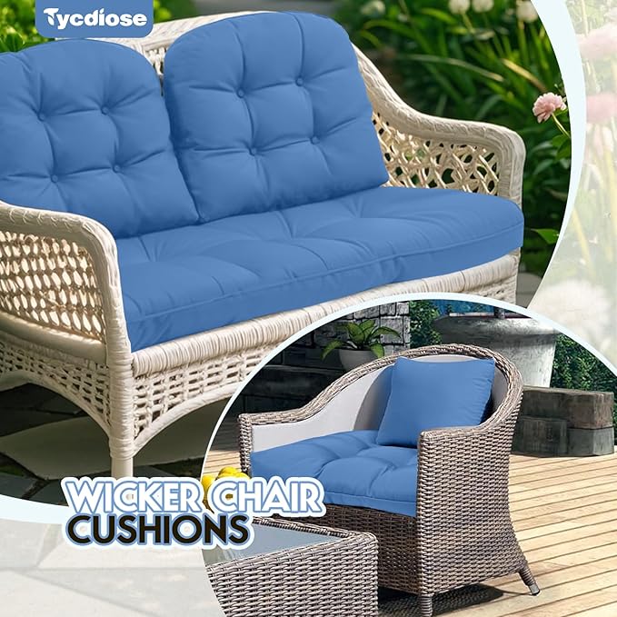 All Weather Outdoor Wicker Chair Cushions of 3 Pieces, Waterproof Outdoor Wicker Chair Cushion for Patio Furniture Loveseat Settee Bench, 1 Loveseat and 2 U-Shaped Cushions, Royal Blue