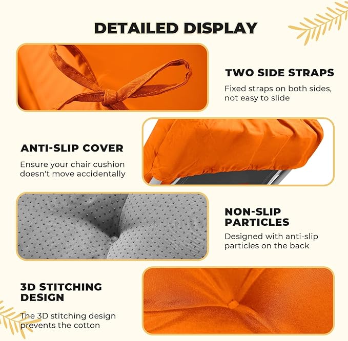 Waterproof Lounge Chair Cushion Outdoor for Chairs, Fade Resistant Chaise Lounger Replacement Cushions with 6 Ties, Thickened Memory Foam Pool Lounge Chair Cushions, 76 x 22 x 4.7 Inches Orange