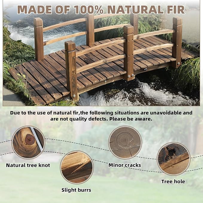 Wooden Garden Bridge Classic Wood Arch Stained Finish Footbridge with Safety Railings, 530 lbs Capacity, Decorative Pond Bridge Landscaping for Outdoor Garden Backyard Creek Farm, Carbonized