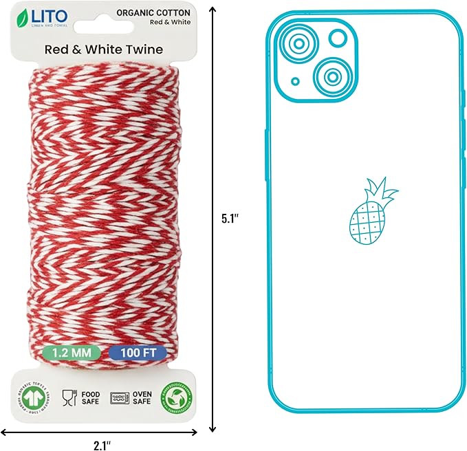 Natural Cotton Twine String for Trussing, Meat Prep, Baking, Crafting, 100 Yards (Red White, 100 FEET Pack of 1)