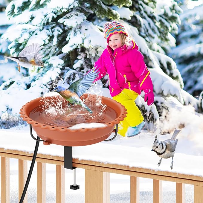 Heated Bird Bath for Outdoors, Upgraded 100W Thermostatically Controlled Heated Bird Baths for Deck Railing Large Capacity Heated Birdbath for Outside Winter Garden Yard Patio Lawn (Brown)