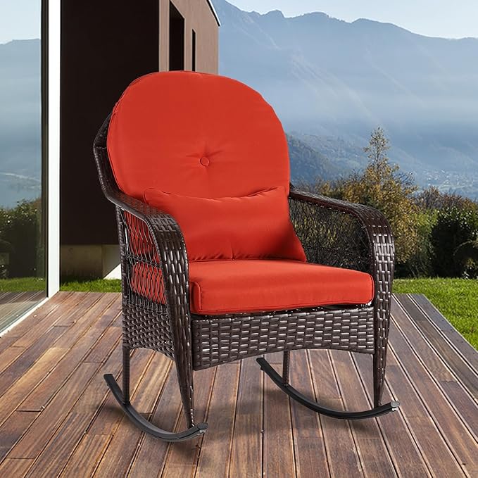 Outdoor Wicker Rocking Chair, All Weather PE Rattan Rocker with Cushion & Pillow, Outdoor Rocking Furniture for Garden, Porch, Backyard, Poolside (Brown Rattan+ Orange Cushion)