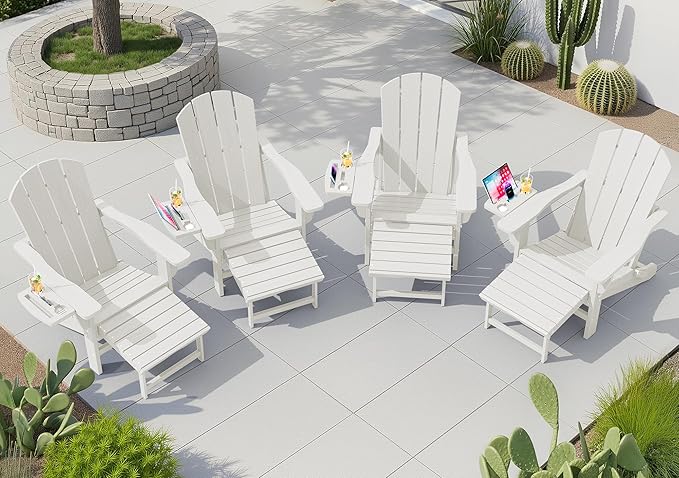 KINGYES Adjustable Folding Adirondack Chair with Footrest & 4-in-1 Multi-Functional Armrest Organizer Set of 4, HDPE Foldable Recliner Adirondack Chair with Pull-Out Ottoman, White