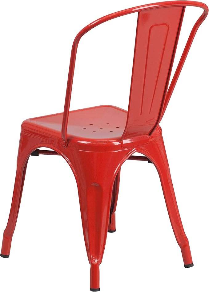 EMMA + OLIVER Commercial Grade 31.5" Square Red Metal Indoor-Outdoor Table Set-4 Stack Chairs