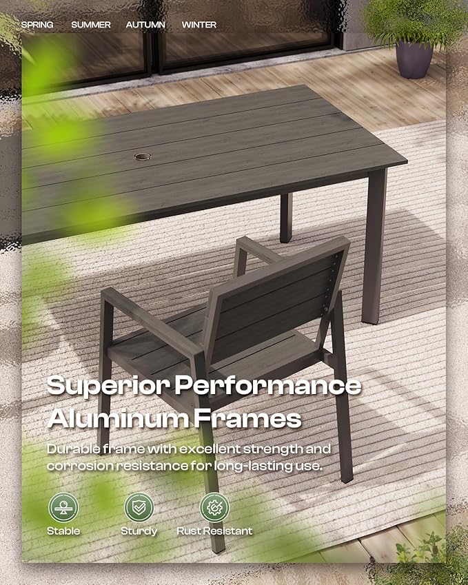 67" Rectangle HDPS Patio Dining Table, Aluminum Outdoor Patio Dining Table with Umbrella Hole, Weather-Resistant for Lawn, Garden, Yard, Poolside and Indoor Use (Charcoal)