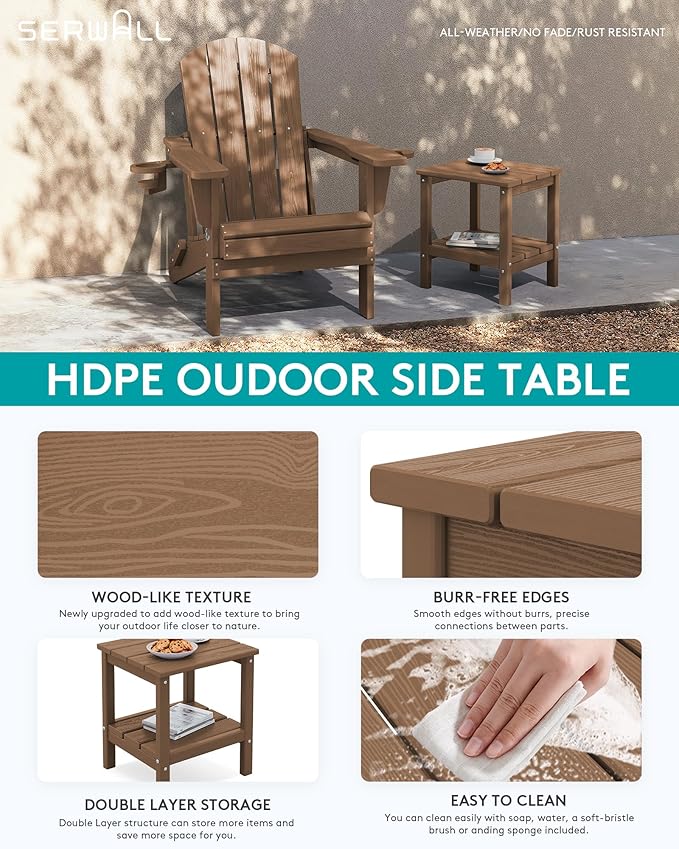SERWALL 2-Tier HDPE Outdoor Side Tables Set of 4, Weatherproof Rectangular Adirondack Side Table, Brown