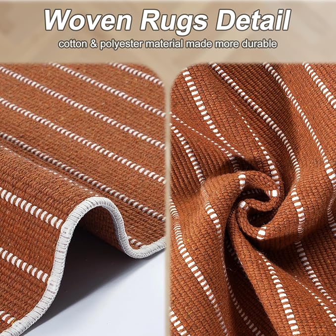LIVEBOX Burnt Orange Entryway Rug, Washable Front Door Rug Cotton Blend Kitchen Rugs, Boho Woven Area Rug Throw Carpet for Layered Porch Halloween Decor Rugs (2.4' x 3.7')