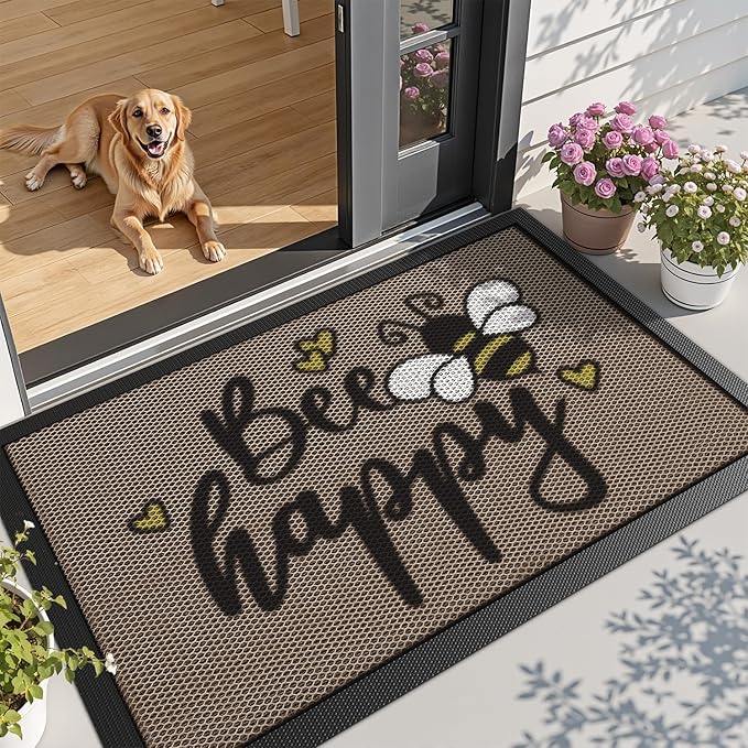 LUMI Outside Welcome Door Mat 36x59, Non Slip Durable Rubber Entrance Doormat, Low Profile Easy Clean Mats for Front Back Door Entryway Porch Garage, Bee Happy
