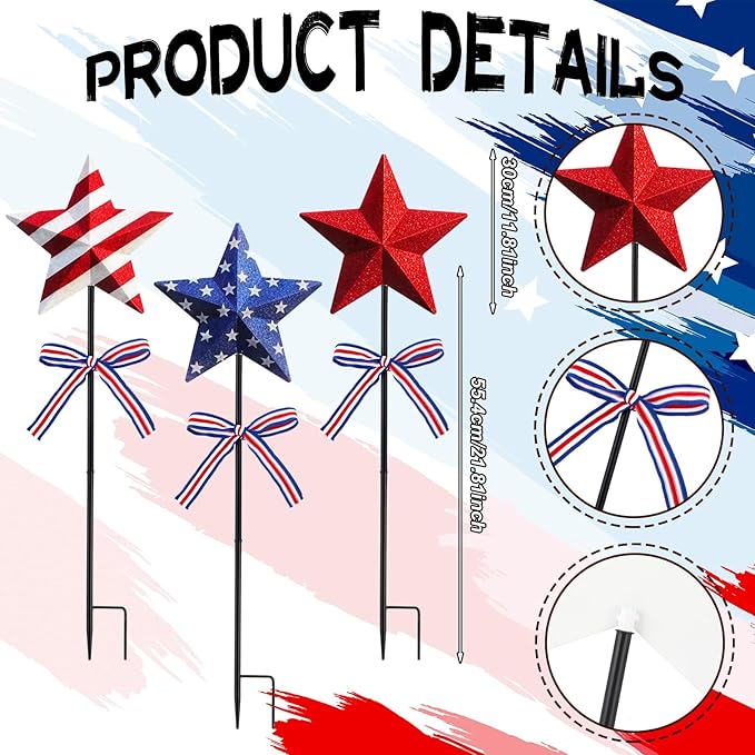 Amyhill 4th of July Decorations, 3 Pack Patriotic Star Garden Stakes, Glitter 250th Anniversary Red White Blue Metal Yard Signs with Stakes, Outdoor Decor for Patio Lawn Walkway