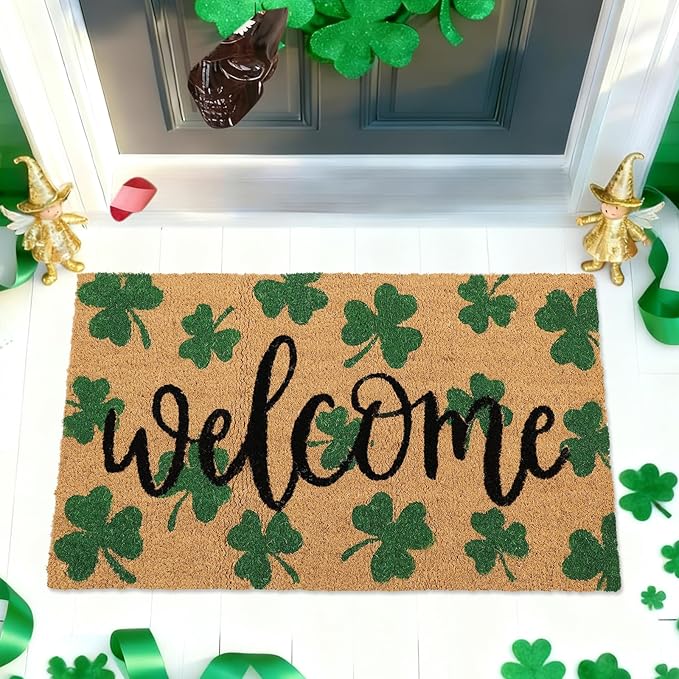 Whaline St. Patrick' s Day Doormat Natural Coir Welcome Floor Mat Green Shamrock Clover Rectangle Entrance Door Rug for Indoor Outdoor Home Bathroom Decor, 16.5 x 29 Inch