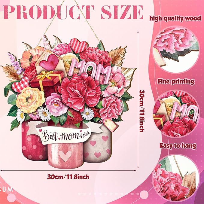 Boao Welcome Mother's Day Wooden Door Hanging Sign Pink Farmhouse Door Decor Vintage Mother's Day Wood Rose Gift Sign Rustic Wall Plaque Ornaments for Window Wall Porch