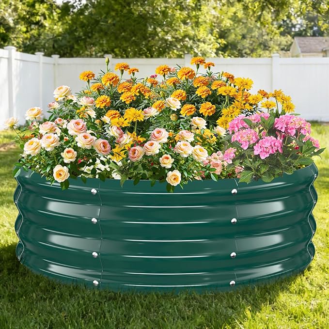 12 Inch Tall Heavy-Duty Round Steel Rised Garden Bed – Wave-Shaped Design Galvanized Metal Planter Box for Vegetables Flowers Succulent at Patio/Garden Outdoor (Green, 36" Diameter)