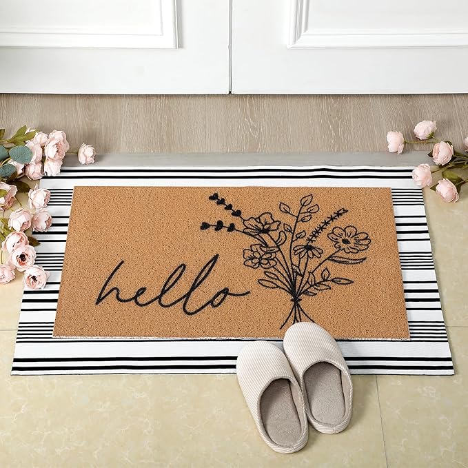 Tinideya 2 Pcs Summer Door Mat Non Slip Wildflower Coastal Hello Sunshine Sweet Home Ocean Pet Welcome Floor Doormat Buffalo Plaid Checked Stripe Mat Seasonal for Front Porch Entryway(Wildflower)
