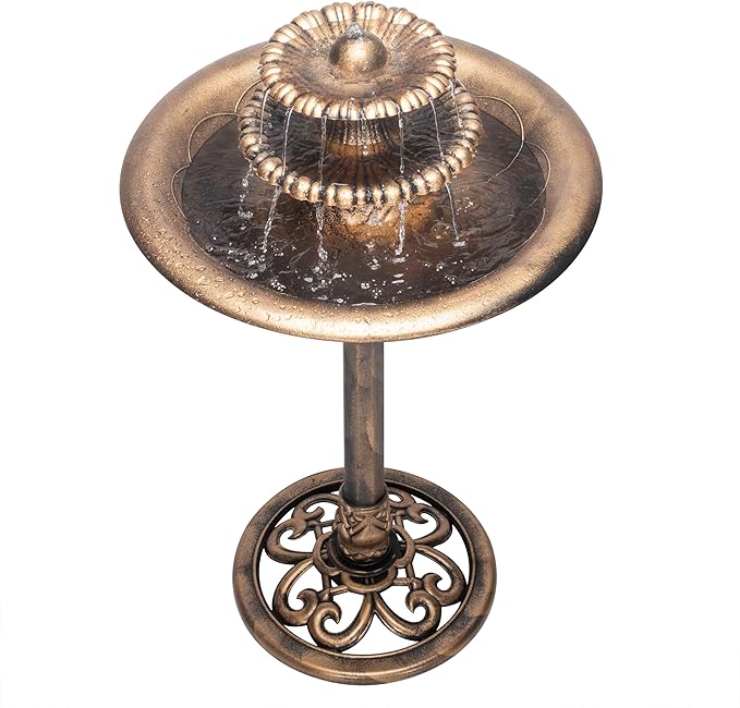 Alpine Corporation TEC106-BZ 35” Tall 3-Tier Pedestal Water Fountain with Birdbath in Vintage – Outdoor Garden Fountain for Yard, Patio, Deck Decoration, Bronze