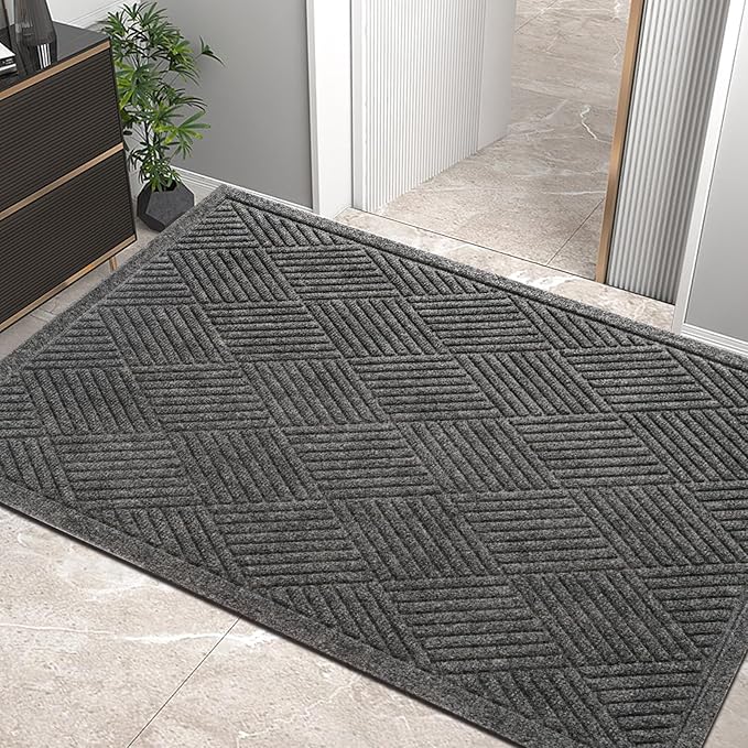 Sturdy Front Door Mat, Absorbent Muddy Dirt Resist Welcome Door Mats Outdoor Indoor, Stain and Fade Resistant, Non-Slip Rubber Backing Low Profile Doormat for Entryway, 60×36, Grey