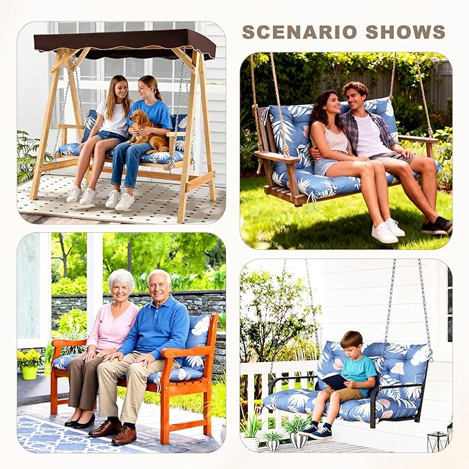 Porch Swing Cushion with Backrest,Waterproof Bench Cushion for Outdoor Furniture,2-3 Seater Replacement Thickened Swing Cushion with Ties,Patio,Outdoor,Backyard and Garden (Tropical Leaf,47x40")