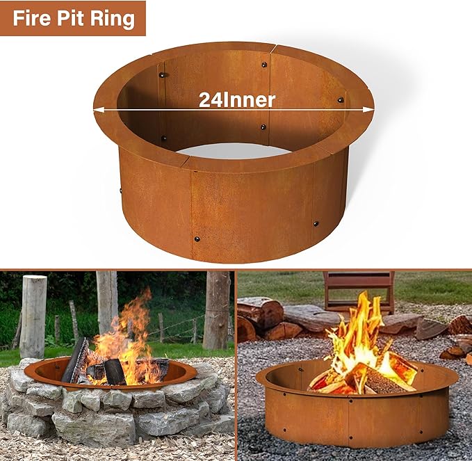 24" Extra Thickened Corten Steel Fire Pit Ring for Outdoor Wood Burning, Heavy-Duty Above & In-Ground Fire Ring, Round Backyard Patio Campfire Accessory for Family Gathering