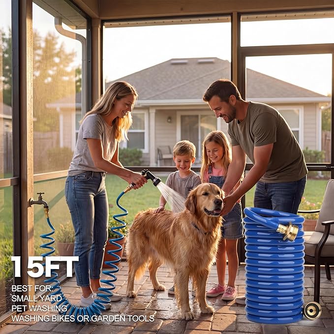 EVA Coil Garden Hose for Gardener: Retractable Self Coiling Hoses with 3/4" GHT Solid Brass Fittings - Kink Free and Flexible for Home and Garden Yard (15FT, Blue)