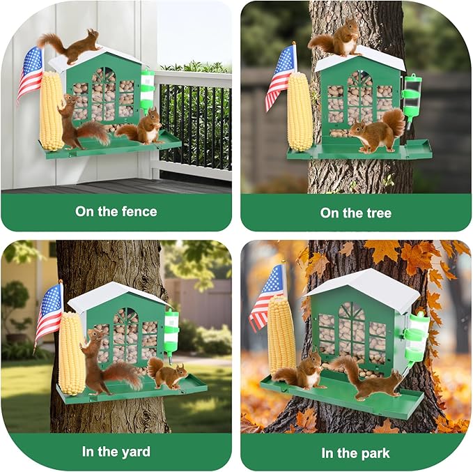 Squirrel Feeder,Metal Squirrel Feeder for Outside,with Water Bottle, Flag and Corn Cobs Holder,Outdoors Chipmunk &Squirrel Picnic Bench Feeders Table,Easy to Install & Refill