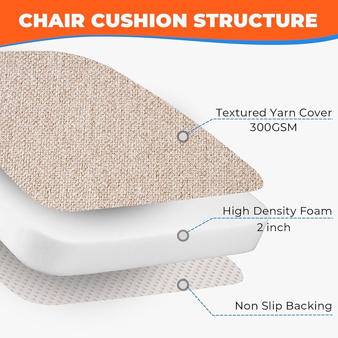 Chair Cushions for Dining Chairs, D-Shaped Seat Cushions with Removable Washable Cover and Ties, Chair Pads for Kitchen, Indoor Dining Room, Patio Chairs, 17'' x 16'', Set of 6, Khaki