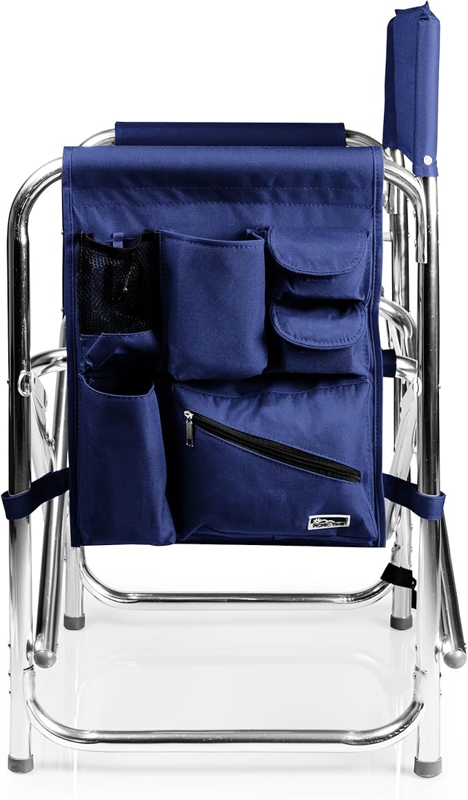 PICNIC TIME Sports Chair with Side Table, Outdoor Foldable Padded Adult Camping Chairs with Cup and Accessory Panel for Lawn, Beach, & Sports Use for Adults, up to 300-lbs Capacity, (Navy Blue)