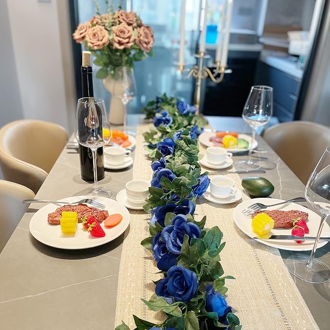 2 Pack (16FT) Artificial Rose Vine Fake Flowers Garland Hanging Silk Rose Ivy Plants Vine for Father's Day,Wedding Arch Party Garden Home Aesthetic Art Décor (Royal Blue)