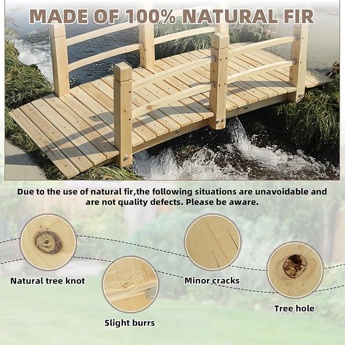 Wood Garden Bridge Classic Wooden Arch Stained Finish Footbridge with Safety Railings, 530 lbs Capacity, Decorative Pond Bridge Landscaping for Outdoor Garden Backyard Creek Farm, Natural