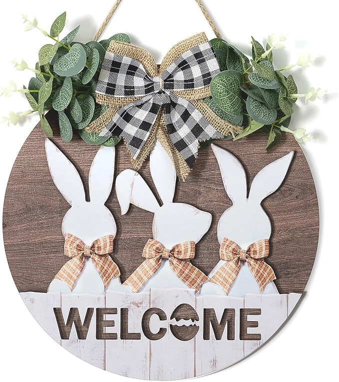Easter Sign Wall Decor: Front Door Bunny Rabbit Decorations Spring Welcome Wreath Hanging Signs for Farmhouse