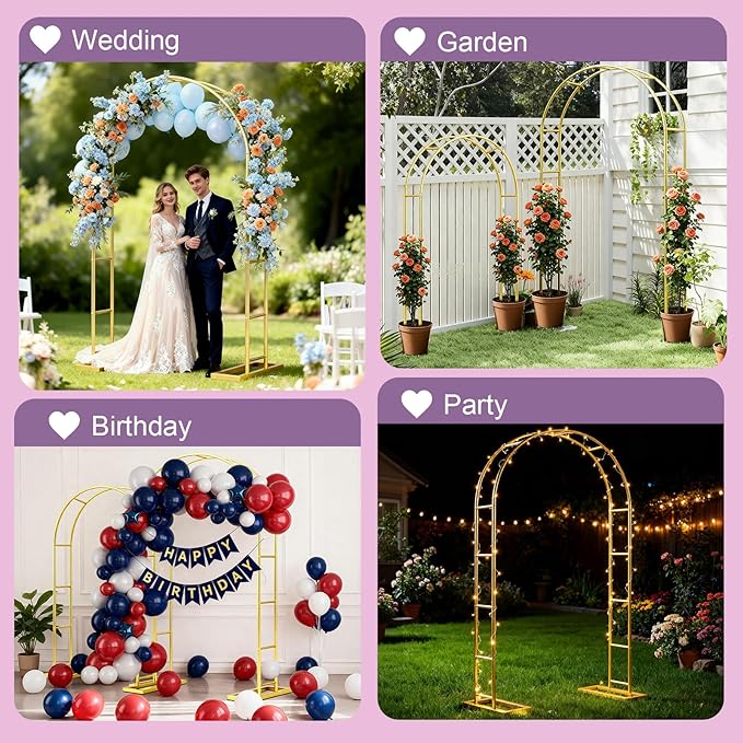 Metal Garden Arch Trellis Arbor Set of 2, 7.2FT+6.6FT Wedding Arch Stand with Steel Frame, Metal Pergola Arbor with Base for Decor Valentines Day Garden Trellis Climbing Plant, Bridal Party Ceremony