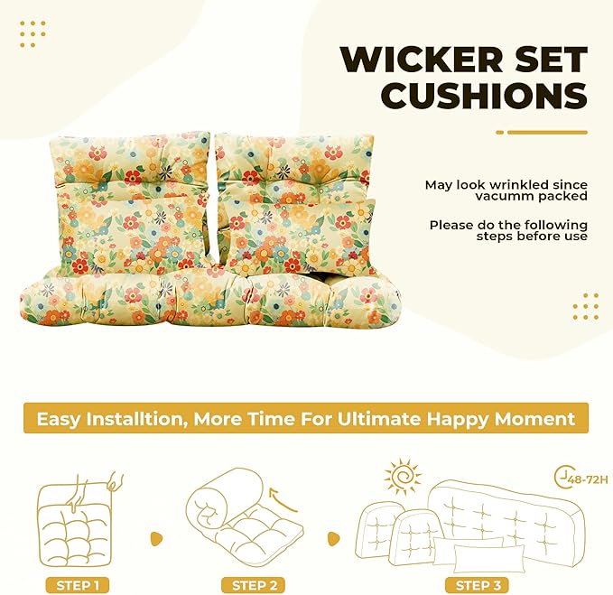 Wicker Chair Cushions of 5 Pieces, Waterproof Outdoor Loveseat Cushion for Wicker Furniture, 1 Love Seat Cushion, 2 U-Shape and 2 Lumbar Pillows for Patio Furniture (Yellow Chrysanthemum)
