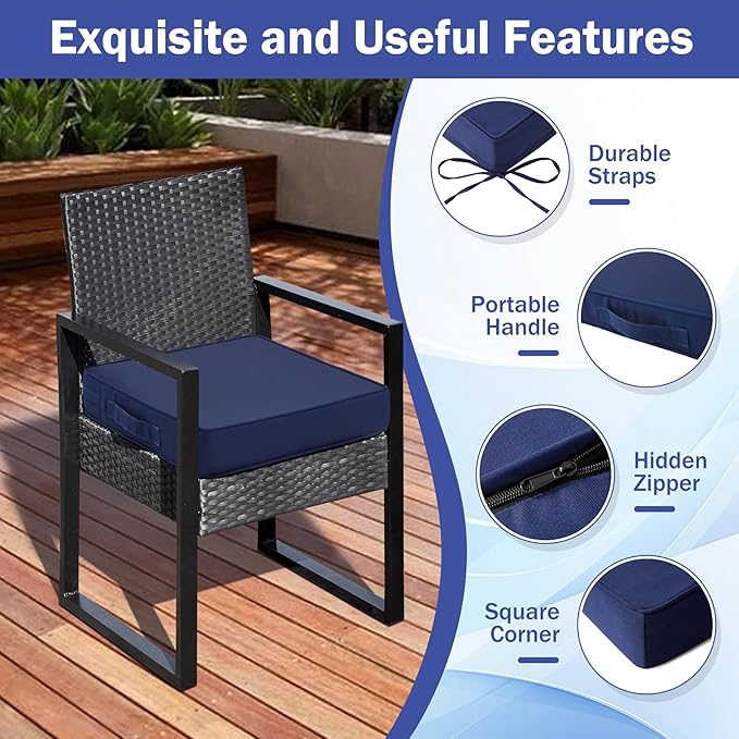 Patio Chair Cushions, 18.5" x 16" x 3" Outdoor Chair Cushions Set of 4, Waterproof Outdoor Cushions for Patio Furniture, Outdoors Seat Cushions Set of 4 with Handle and Ties, Navy Blue