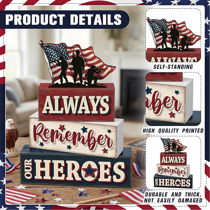 4 Pcs Memorial Day Table Decor Patriotic Always Remember Our Heroes Wooden Sign Fourth of July Tiered Tray Decor Red White Blue Table Centerpiece for Home Office Desk Shelf Mantel Decorations